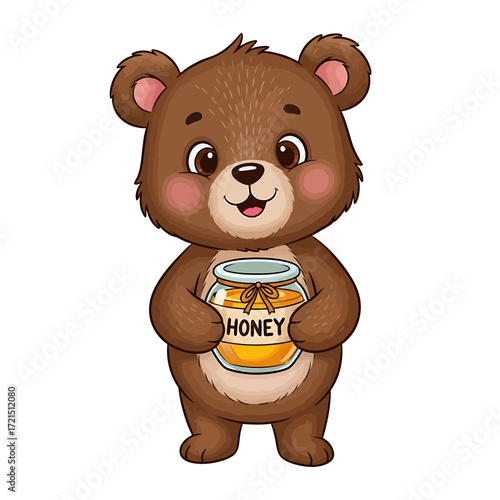 A charming illustration of a cartoon bear clutching a jar of golden honey.