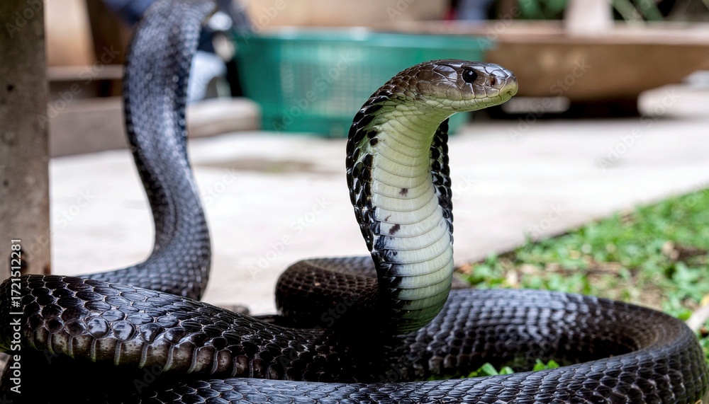Fototapeta premium Cobra in defensive posture showing hood and scales in natural outdoor setting during daytime