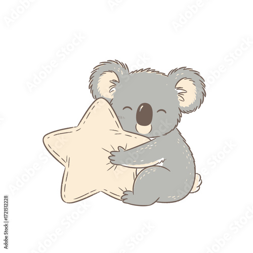 A charming koala embracing a star-shaped pillow with pure delight.