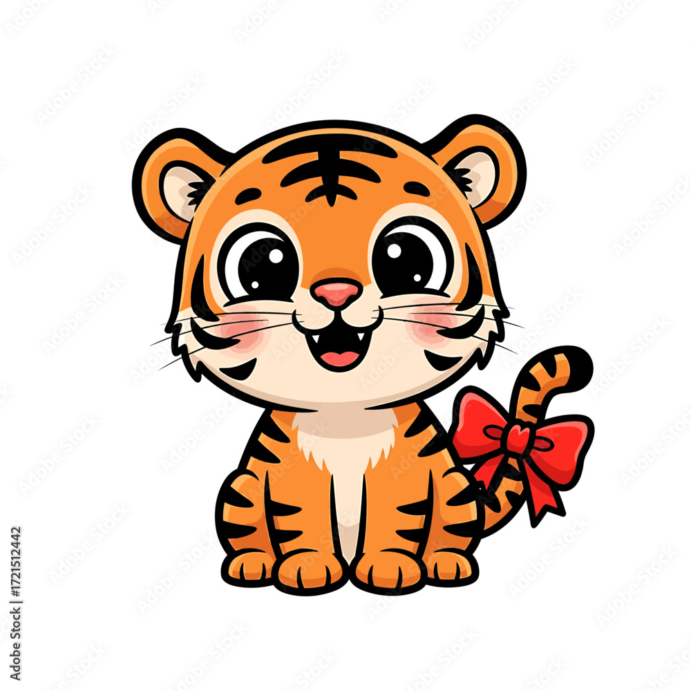 Fototapeta premium Cute cartoon tiger cub with a lovely red bow.