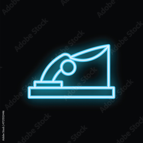 Bright blue neon icon of a hole punch is glowing against a black background