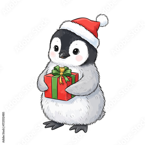 A cute penguin with a gift box and a festive Christmas hat.