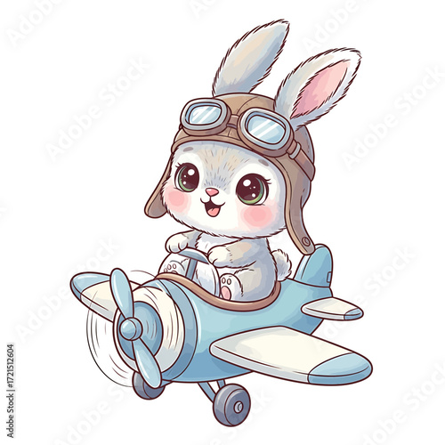An adorable bunny pilot flying an airplane in a colorful illustration.