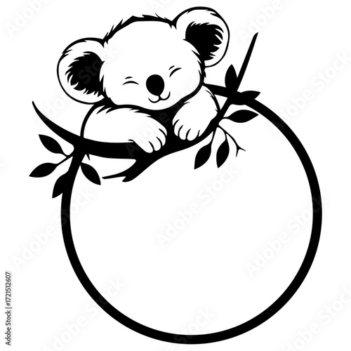 Illustration of a cute koala bear resting on a branch inside a circular frame with leaves around it