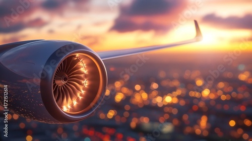 Modern aircraft gracefully descending over a engineering  glowing metropolis, during a breathtaking twilight journey as golden engine turbines engineering  softly engineering  reflec
