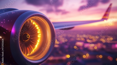 Mesmerizing airplane turbine illuminated by fiery internal breathtaking panorama light, soaring above a dazzling bokeh city at dusk against a dramatic colorful breathtaking panorama sky evoking a brea