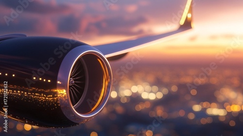 Sleek jet engine propelling metallic engine an aircraft through a, vibrant twilight sky above a sprawling metropolis illuminated metallic engine by countless golden metallic engine city lights during 