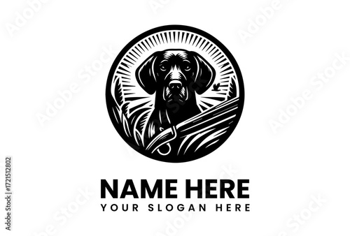 Sleek Black Hunting Dog Portrait with Shotgun in Circular Emblem Design.