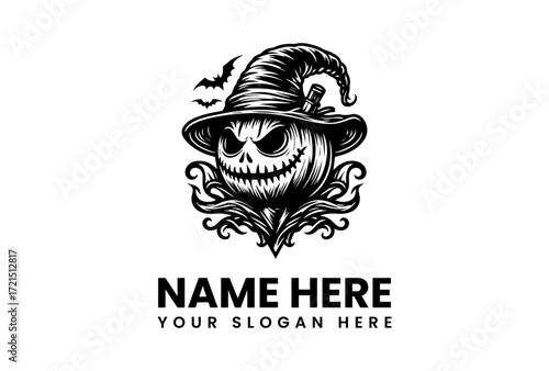 Sinister Pumpkin Scarecrow with Witch Hat and Bats Silhouette Illustration.