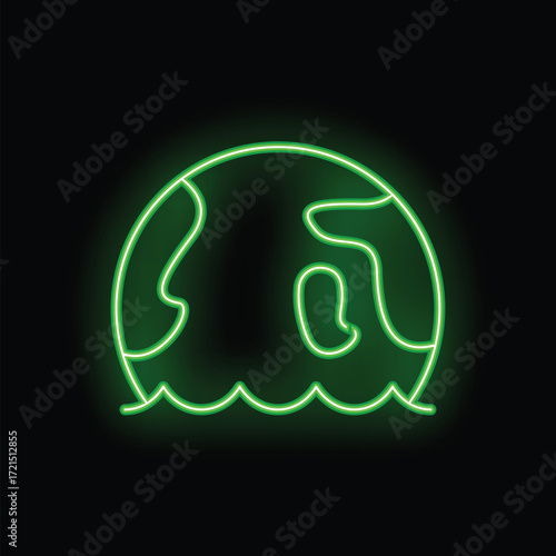 Green neon sign depicting the earth partially submerged in water on a black background