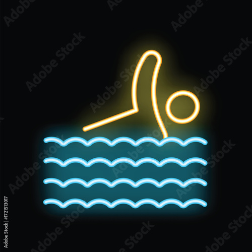 Bright yellow neon sign depicting a person swimming in blue water on a black background
