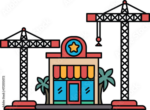 A building with a star on it and two cranes in the background