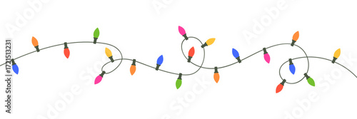 Christmas color light string garland. Holiday bright decoration. Fairy glowing bulb. Led neon lamp on transparent banner. New Year luxury string baubles. Celebration party frame. Vector illustration