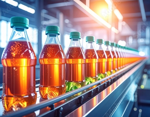 Rows of plastic bottles move along a conveyor belt in a beverage factory, showcasing the automated production process with efficiency and modern technology. food manufacturing