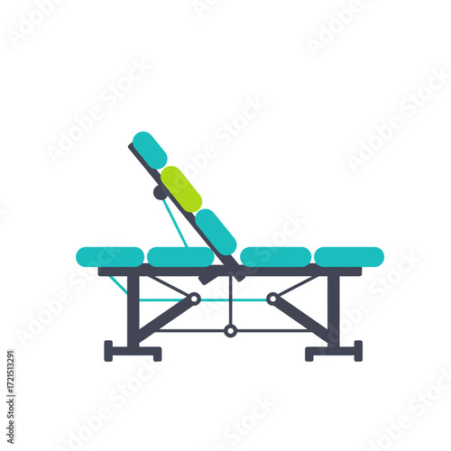 A modern, adjustable medical examination or massage table is depicted in a clean, flat vector illustration, perfect for healthcare and wellness design projects.