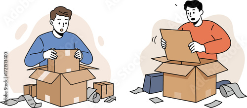 Two men unpacking boxes and sorting items in a minimal flat style illustration  