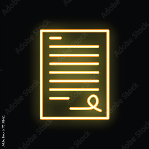 Yellow neon icon of a contract is glowing on a black background