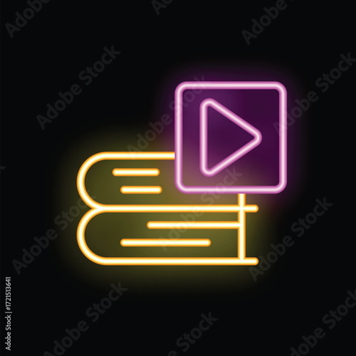 Neon audiobook icon is glowing, representing digital books and learning