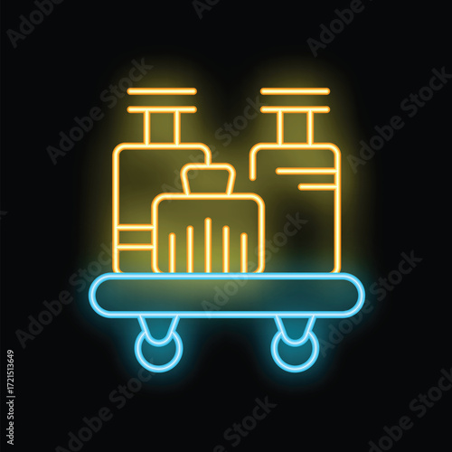 Neon luggage cart with suitcases for hotel guests waiting for bellhop service