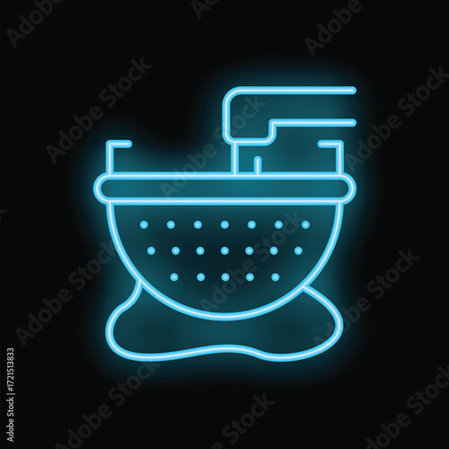 Blue neon sign of a kitchen colander with handle draining water, isolated vector illustration on black background