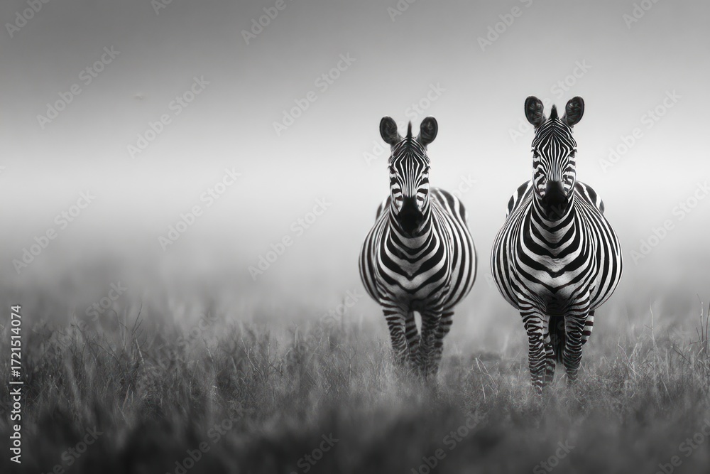 Fototapeta premium Two zebras, silhouetted against a foggy landscape, move forward in a serene monochrome image.