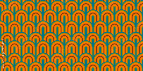 Seamless retro pattern with repeating arch shapes in orange, green, and teal tones. Vintage geometric background inspired by 60s, 70s, 80s backgrounds, perfect for textiles, wallpaper, and wrapping.