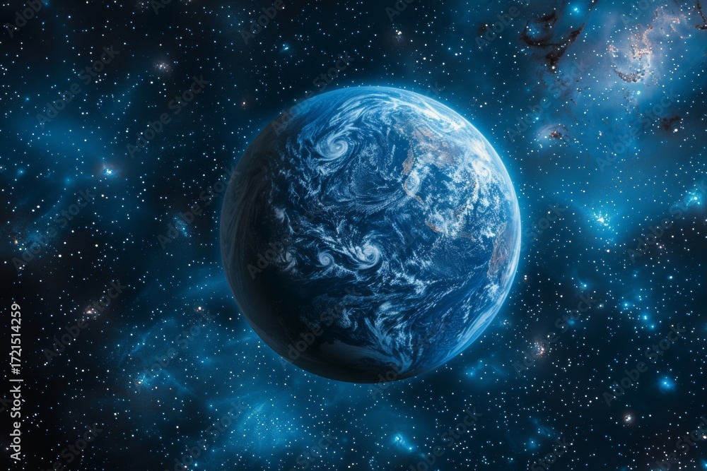 Obraz premium Realistic earth planet surrounded by a blue atmosphere against a starry space background