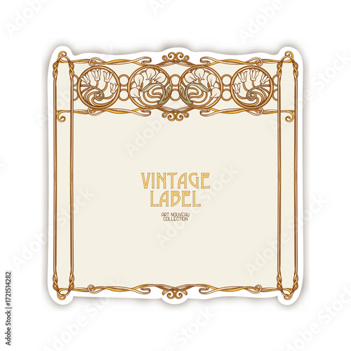 Decorative flowers and leaves in art nouveau style, vintage, old, retro style. Border, frame, template for product label, cosmetic packaging. Easy to edit. Vector illustration.