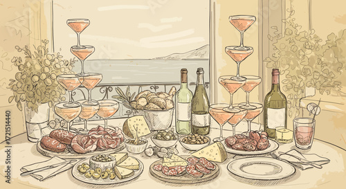 Elegant champagne tower and gourmet spread against a scenic ocean view backdrop