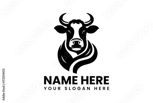 Stylized Black and White Cow Head Logo with Curved Horns and Bold Design.