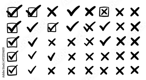 Doodle style tick and cross marks on white background for checklist application