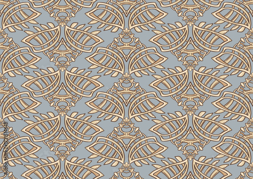 Decorative flowers and leaves in art nouveau style, vintage, old, retro style. Seamless pattern, background. Vector illustration. In art nouveau style, vintage, old, retro style.
