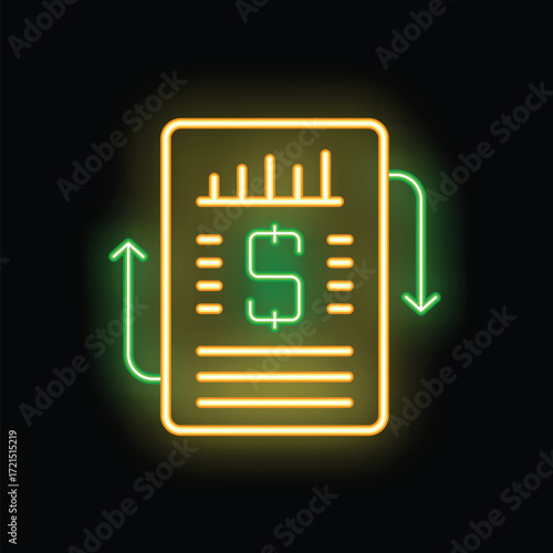Neon invoice with increasing and decreasing green arrows, symbolizing financial fluctuations and market volatility