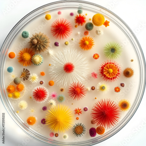 Petri dish bacteria culture microbial colonies colorful fungi growth scientific experiment laboratory microbiology analysis close up view organic mold spores medical research biology education pathoge