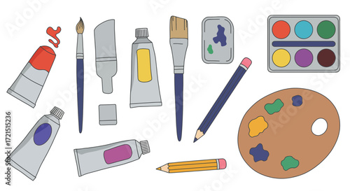 Collection of artistic tools arranged neatly on a white background illustration