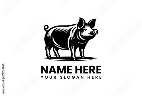 Stylized Black and White Pig Illustration with Detailed Line Work.