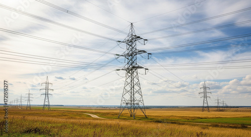 Power Transmission Lines Crossing a Rural Field
This photograph captures the imposing presence of high-voltage power transmission towers and their complex network of lines stretching across a vast