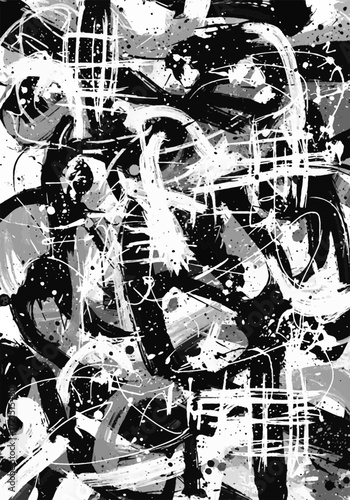 Energetic black and white abstract brushstroke background with grunge texture, paint splatters, and chaotic modern art design