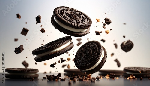 oreo biscuit and crunch floating in the air