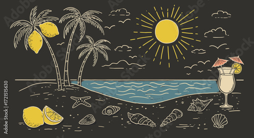 Vintage style tropical beach illustration with lemons and cocktail drink