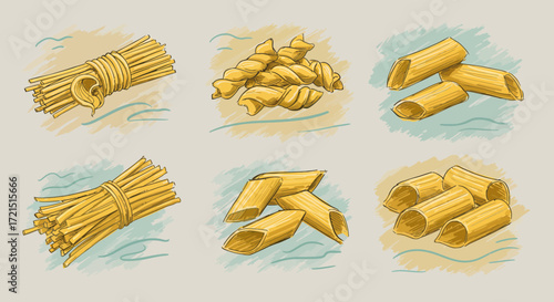 Assortment of drawn pasta types for culinary design and recipe illustration
