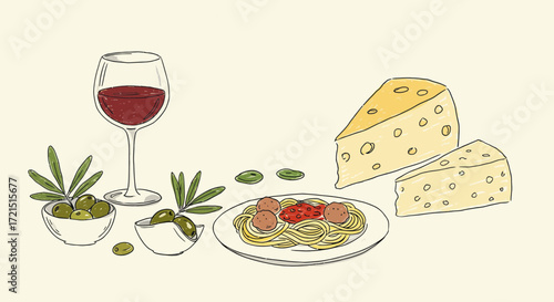 Charming Italian Feast Illustration with Wine, Spaghetti, Cheese, and Olives