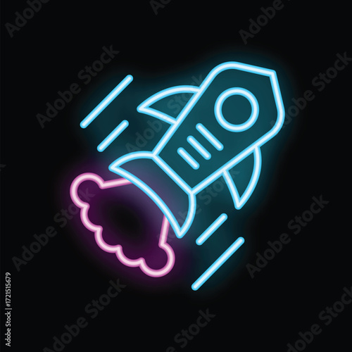 Neon sign of a rocket ship launching upward leaving a pink smoke trail