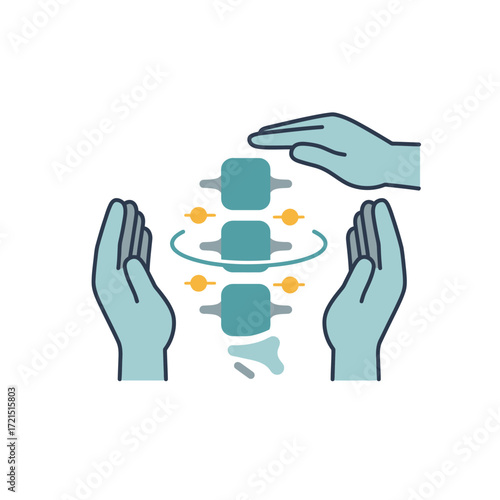 An illustration depicting hands gently supporting and protecting a healthy human spine, symbolizing chiropractic care, therapy, and overall back wellness.