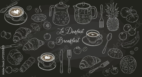 Chalkboard Style Breakfast Still Life Featuring Coffee, Pastries and Fresh Fruit