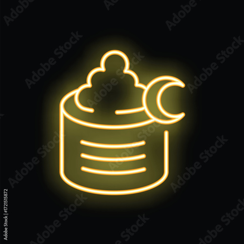 Yellow glowing neon icon of iftar food, symbolizing the breaking of the fast during the holy month of ramadan