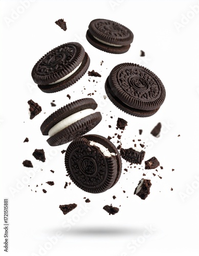 oreo biscuit and crunch floating in the air