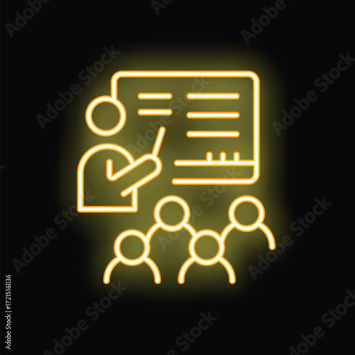 Teacher explaining lesson to students in classroom neon sign style icon