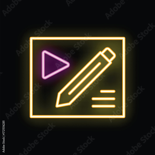Neon sign representing the concept of content creation with a pencil taking notes and a play button