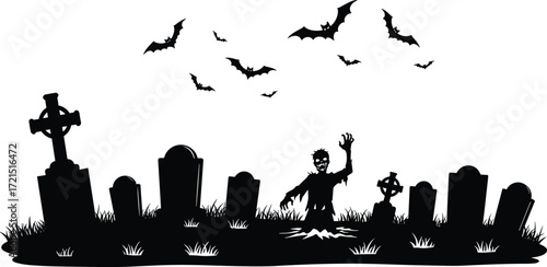 Creepy graveyard scene with zombie rising from grave, spooky bats flying in night sky, perfect Halloween horror background design